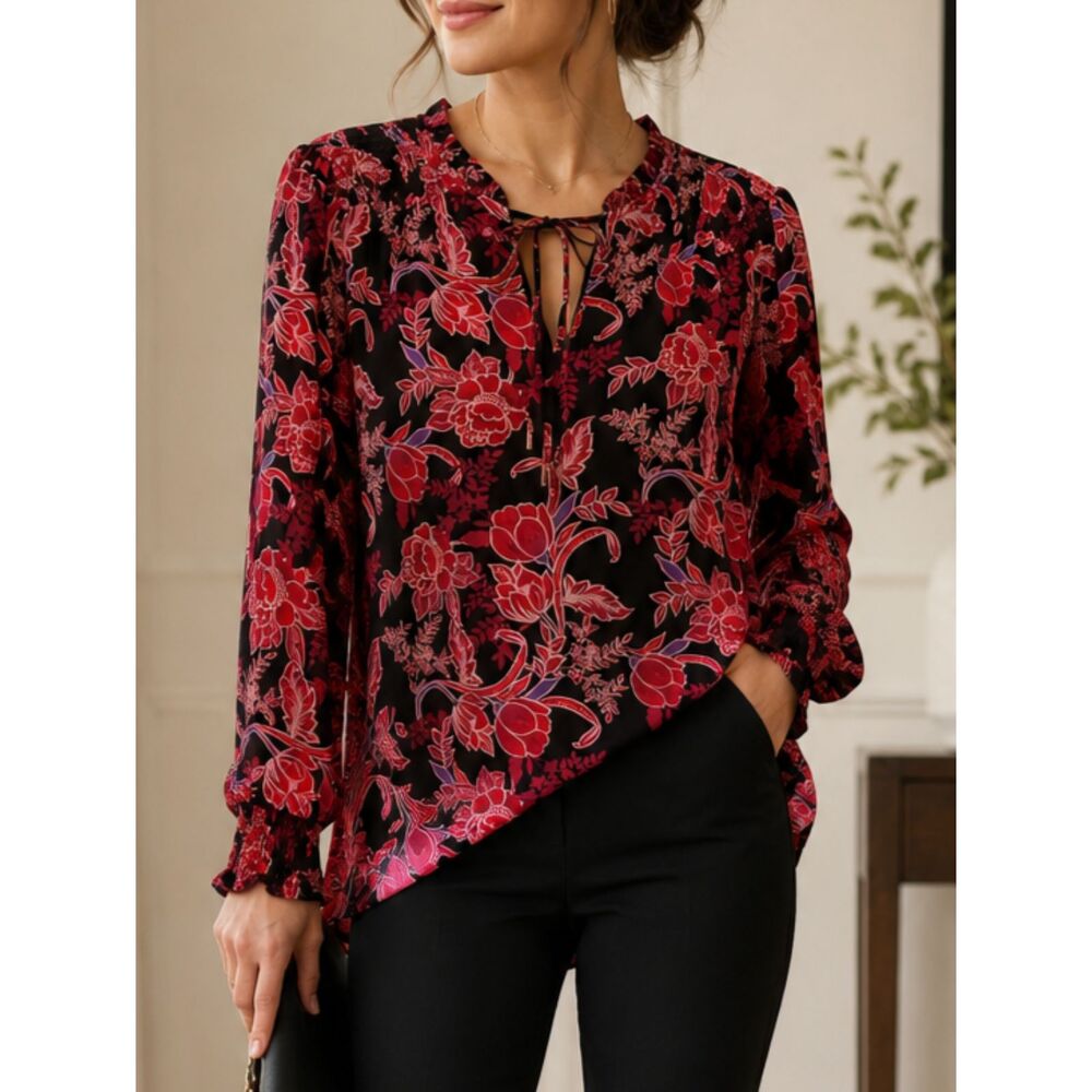 WHBM Floral Smocked Tie Neck Blouse Small Black Red Sheer Long Sleeve Top